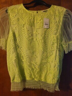 Cato Embroidered Lace Smocked Puff-Sleeve Blouse, Size M